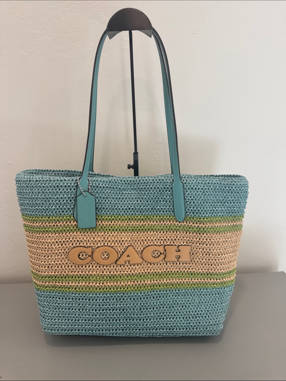 COACH city Teal & Natural Straw Tote Bag- FIRM